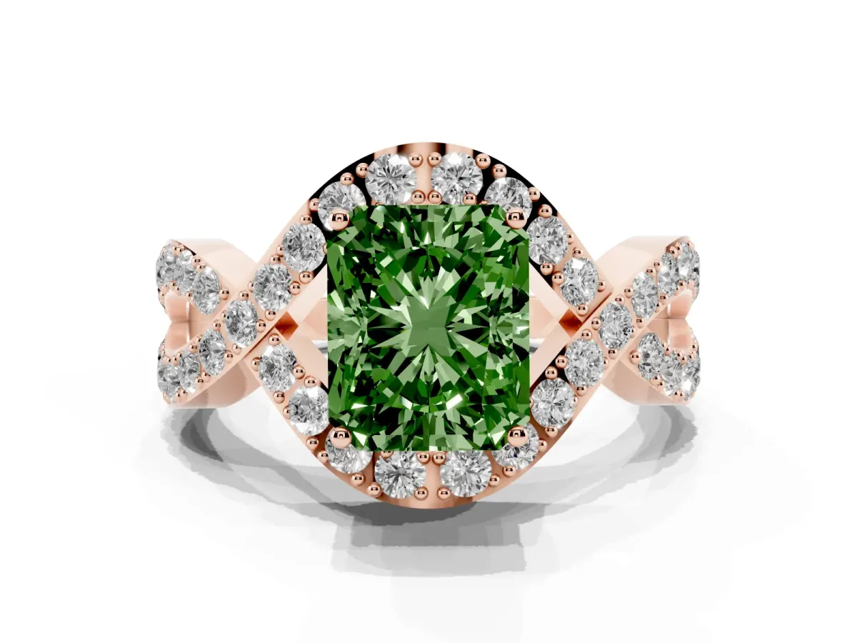 Fancy Green Radiant Cut Solitaire Twist Band Pavé Diamond Engagement Ring Rose gold