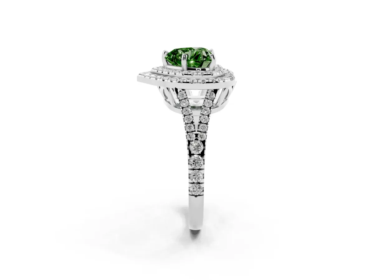 Fancy Green Heart Cut Diamond Double Halo Ring with Pavé Band and Prong Setting Silver