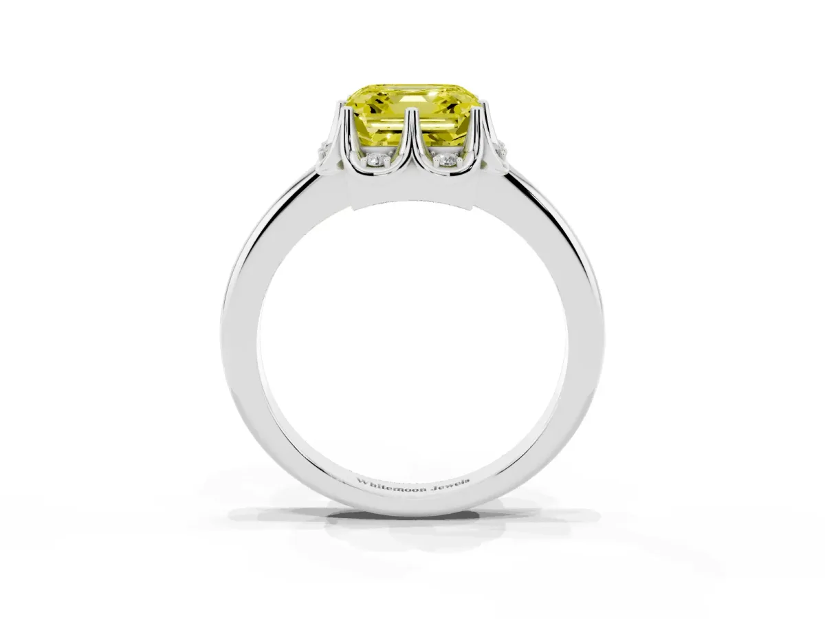 Fancy Yellow Asscher Cut Halo Diamond Ring with Round Cluster Setting, Solitaire Band, and Four-Prong Setting Silver