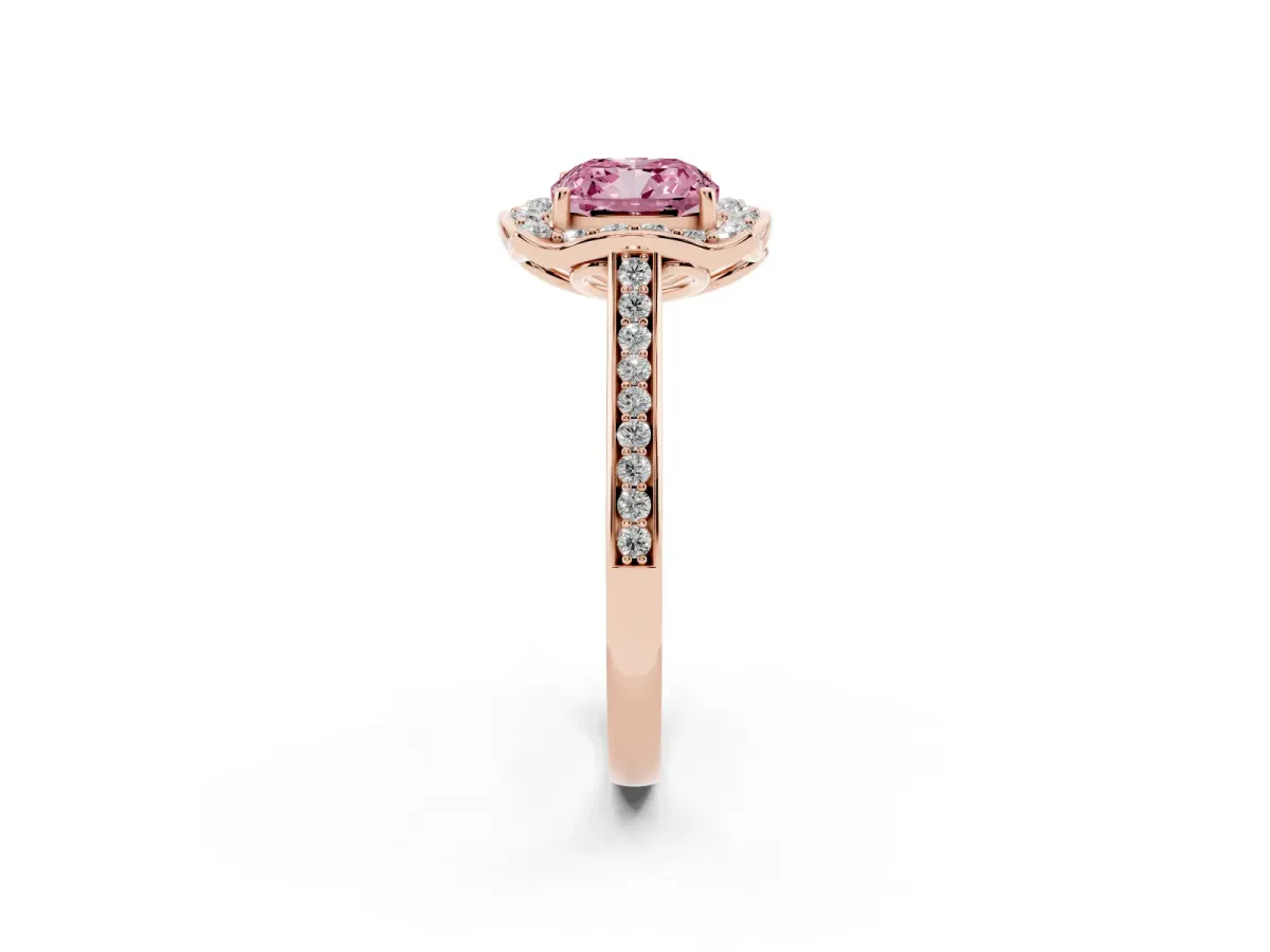 Fancy Pink Cushion Cut Halo Round Diamond Pave Band with Four-Prong Setting Rose gold