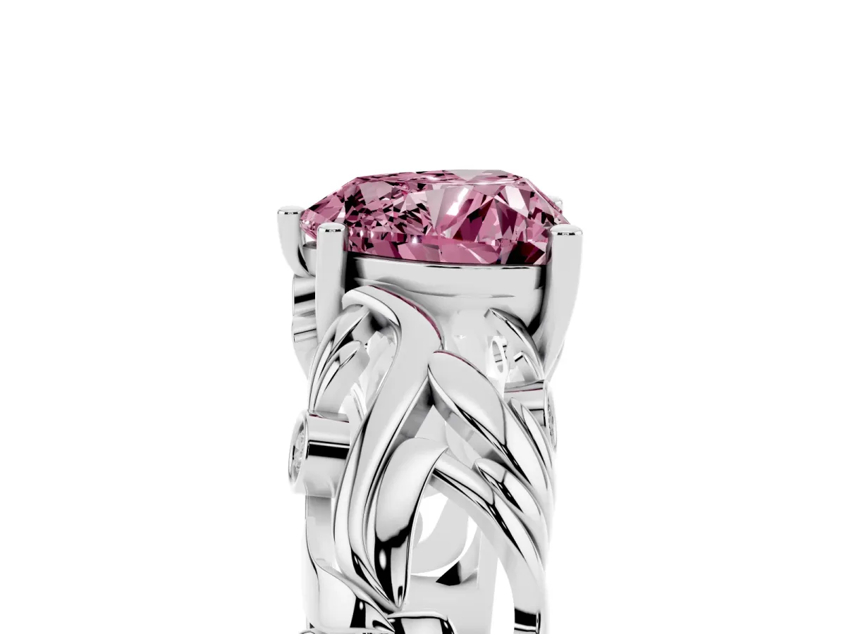 Fancy Pink Heart Cut Solitaire Diamond Leaf-Inspired Vine Band Ring with Prong Setting Platinum
