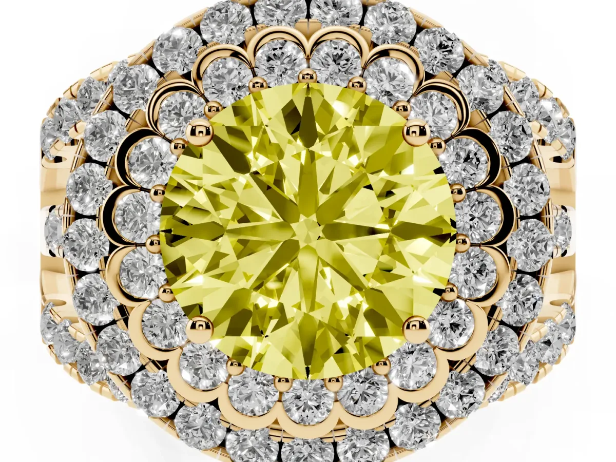 Fancy Yellow Round Cut Diamond Double Halo Ring with Round Pavé Split Shank and Prong Setting Yellow gold