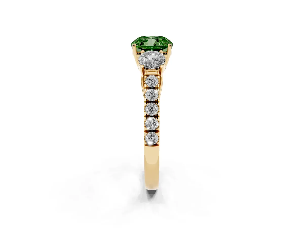 Fancy Green Cushion Cut Cut Diamond Three-Stone Ring with Round Side Stones and Pavé Band Yellow gold