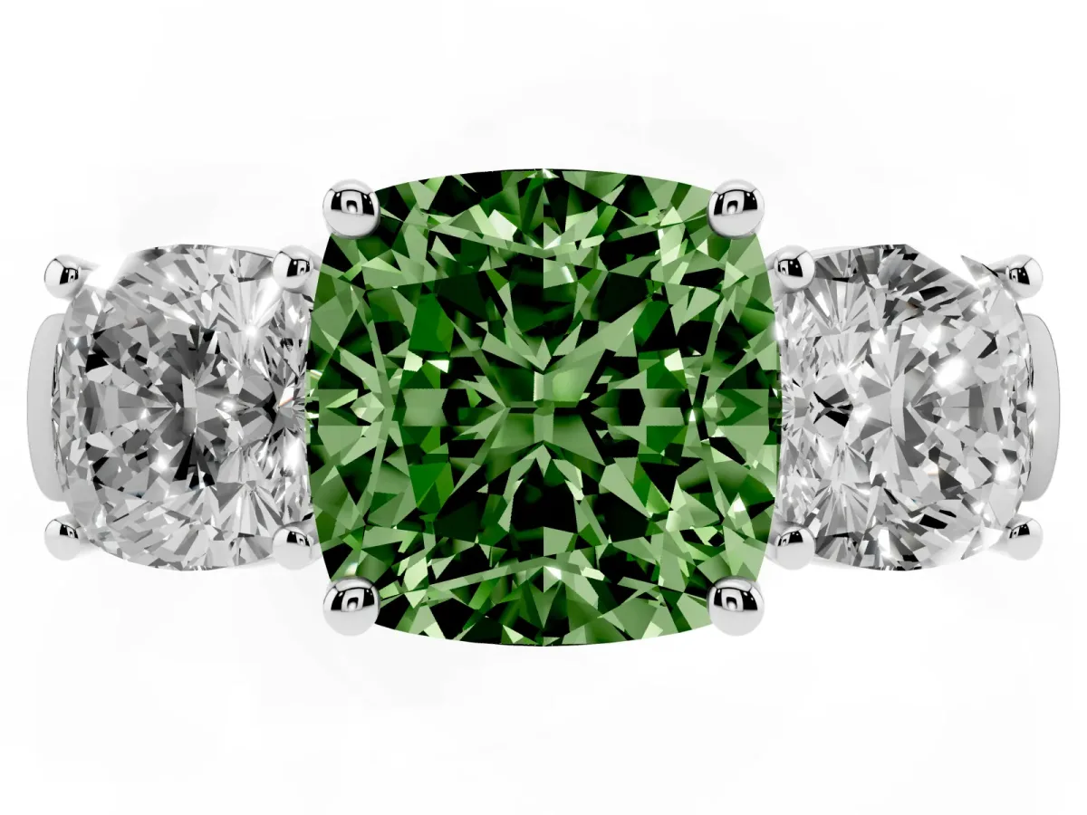 Fancy Green Three-Stone Cushion Cut Brilliant Diamond Trellis Ring with Comfort Fit Band White gold