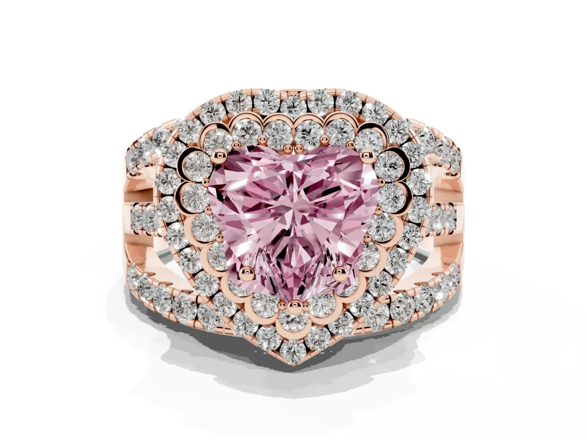 Fancy Pink Heart Cut Diamond Double Halo Ring with Round Pavé Split Shank and Prong Setting Rose gold