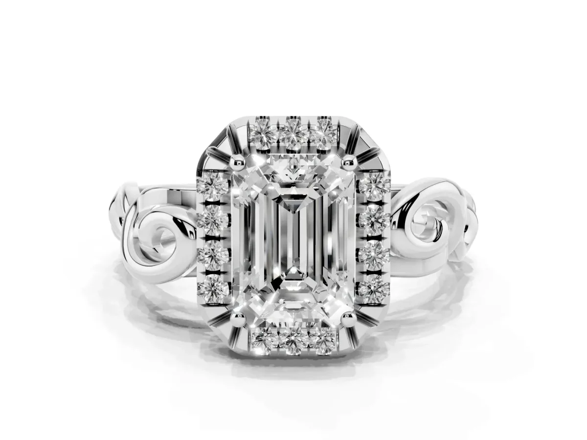 Emerald Cut Cut Halo Diamond Ring with Scrollwork Band and Four-Prong Setting Silver