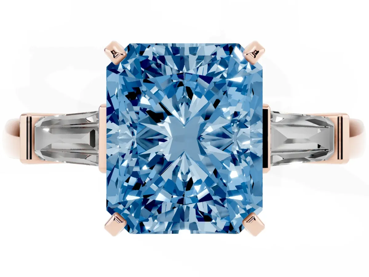 Fancy Blue Radiant Cut Cut Diamond Solitaire Ring with Tapered Baguette Accents and Four-Prong Setting Rose gold