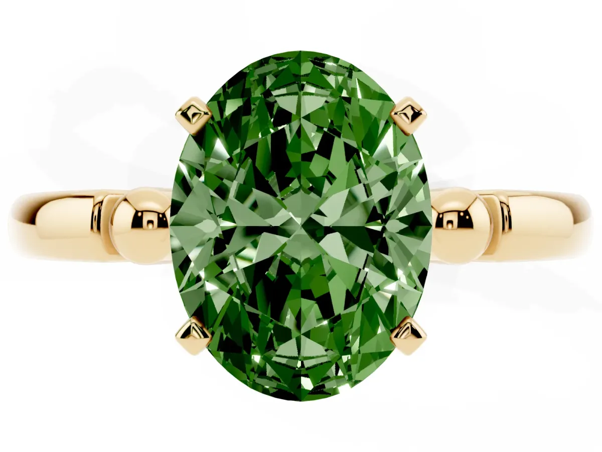 Fancy Green Oval Cut Solitaire Beaded Band with Four-Prong Setting Yellow gold