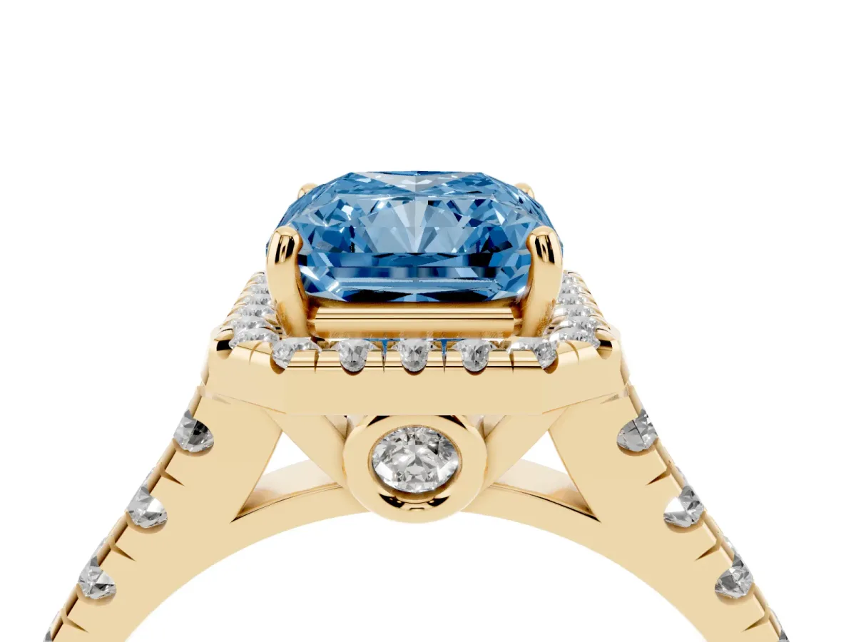 Fancy Blue Radiant Cut Halo Pavé Diamond Engagement Ring with Four-Prong Setting Yellow gold