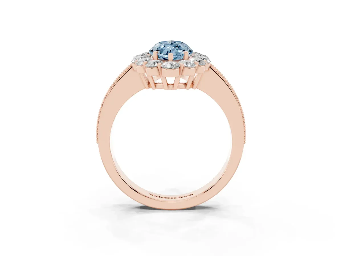 Fancy Blue Marquise Cut Cut Halo Diamond Pavé Engagement Ring with Milgrain Detailing Rose gold