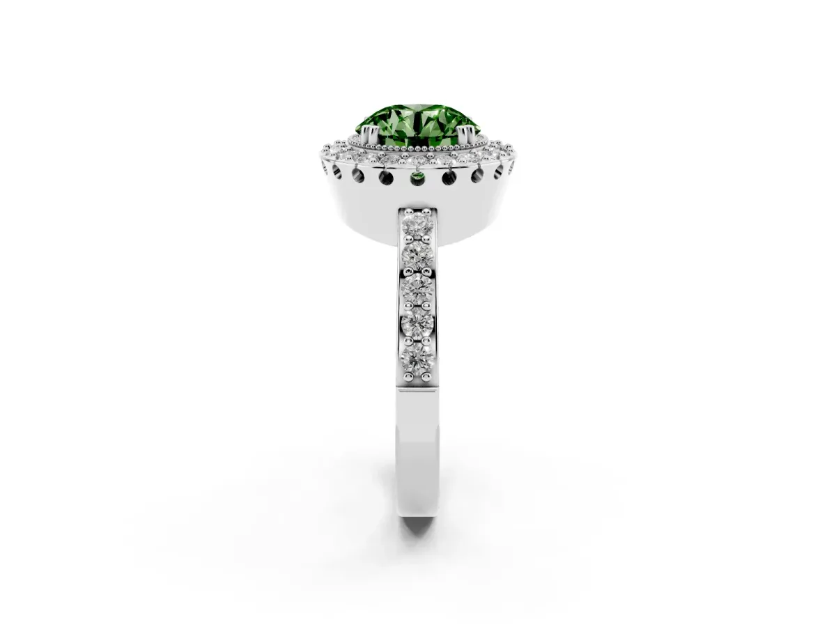 Fancy Green Round Cut Diamond Halo Ring with Pavé Band and Prong Setting Platinum
