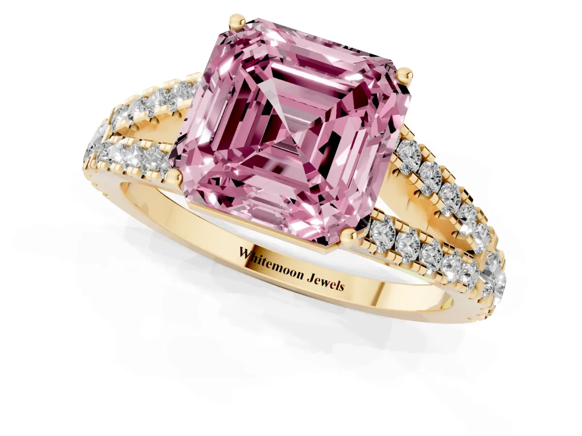 Fancy Pink Asscher Cut Diamond Split Shank Engagement Ring with Round Pavé and Prong Setting Yellow gold