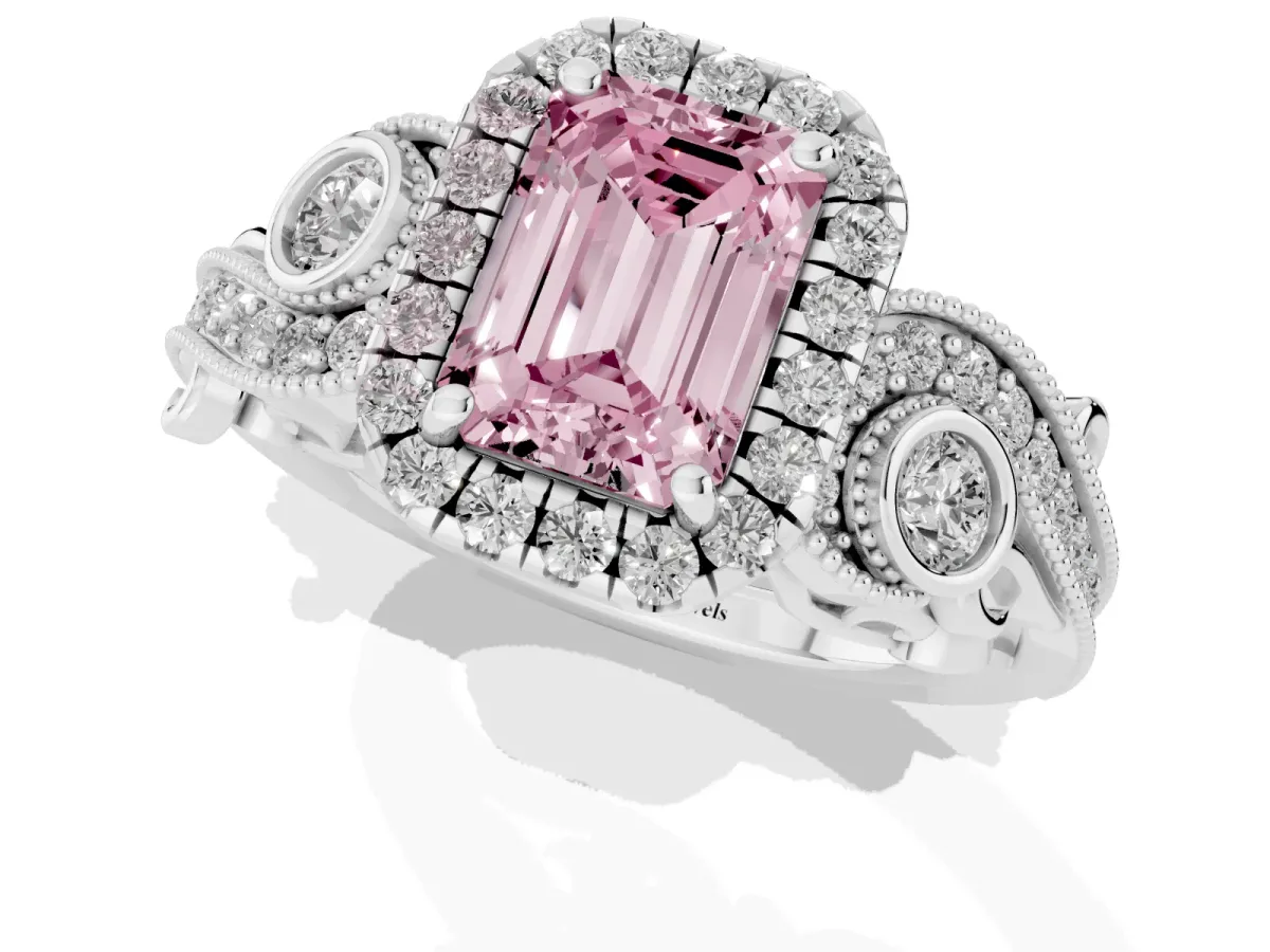 Fancy Pink Emerald Cut Diamond Halo Ring with Milgrain Pavé Band and Four-Prong Setting Platinum