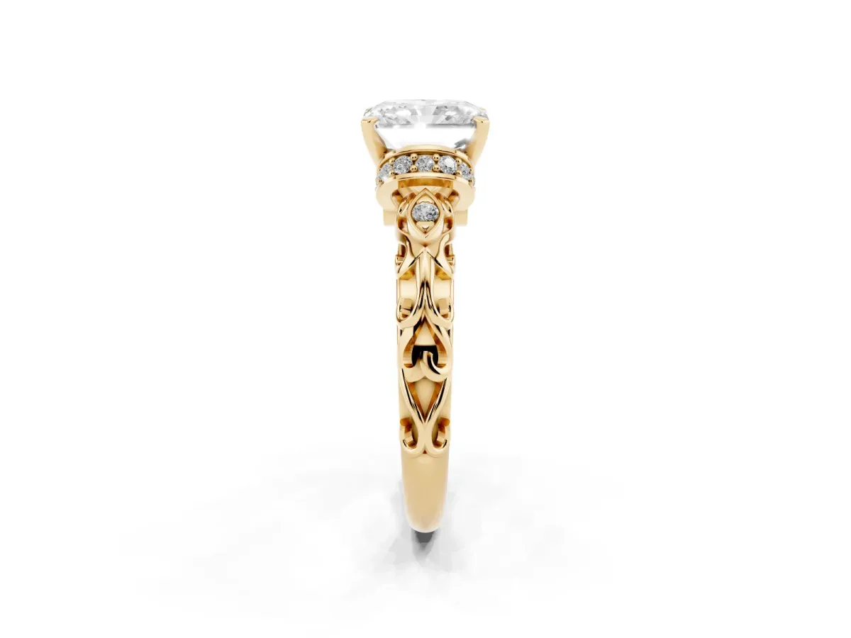 Radiant Cut Diamond Solitaire Ring with Filigree Band and Four-Prong Setting Yellow gold