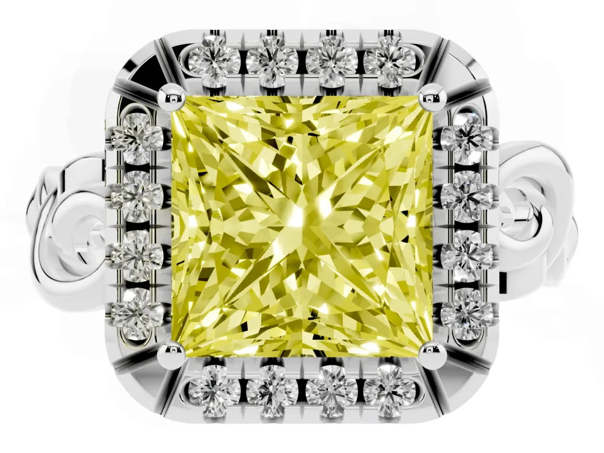 Fancy Yellow Princess Cut Cut Halo Diamond Ring with Scrollwork Band and Four-Prong Setting Platinum