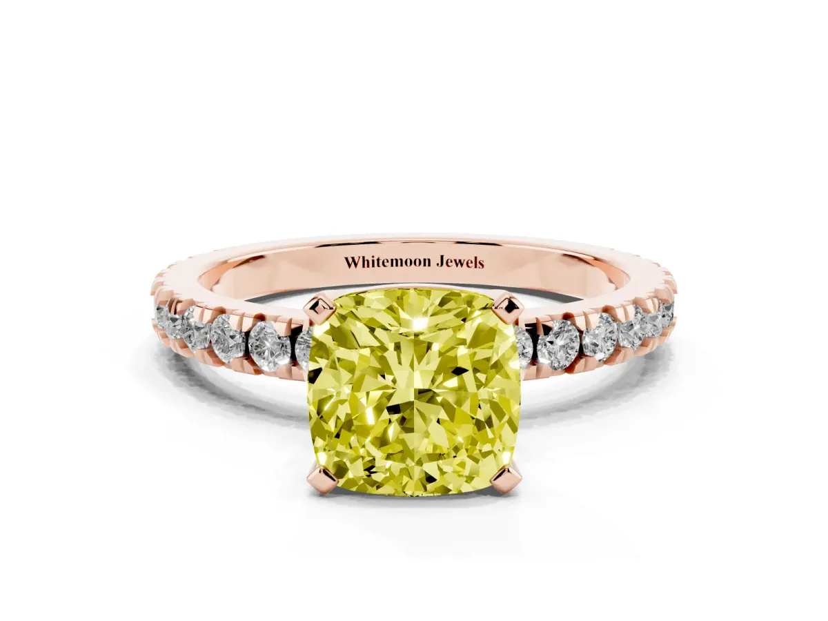 Fancy Yellow Cushion Cut Diamond Pavé Band Solitaire with Four-Prong Setting Rose gold
