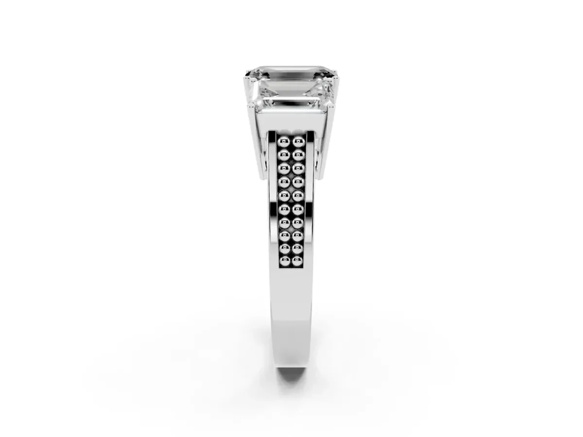 Fancy Black Emerald Cut Diamond Three-Stone Ring with Prong Setting and Textured Band Silver