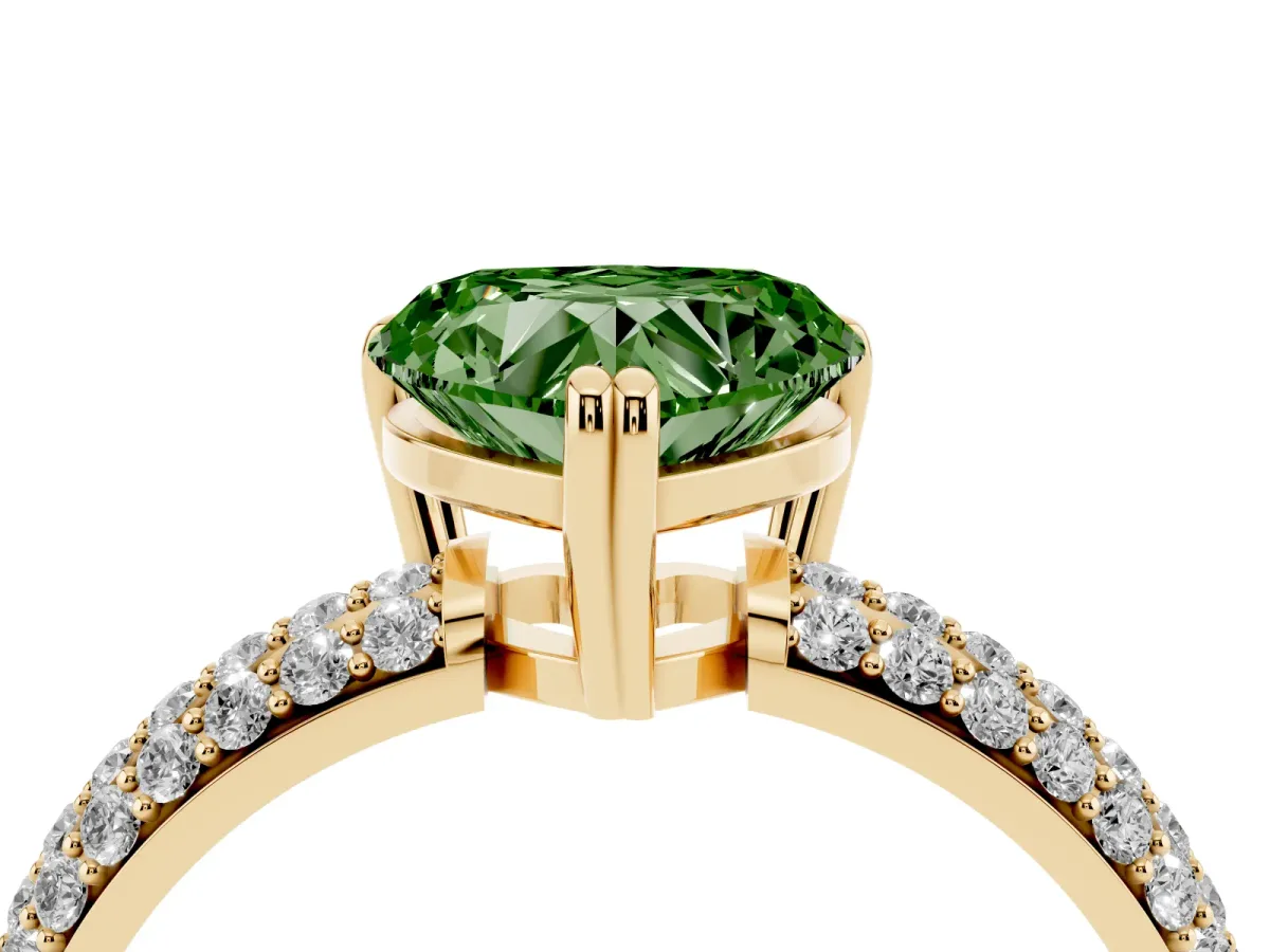 Fancy Green Heart Cut Diamond Solitaire Ring with Multi-Row Round Pavé Band and Prong Setting Yellow gold