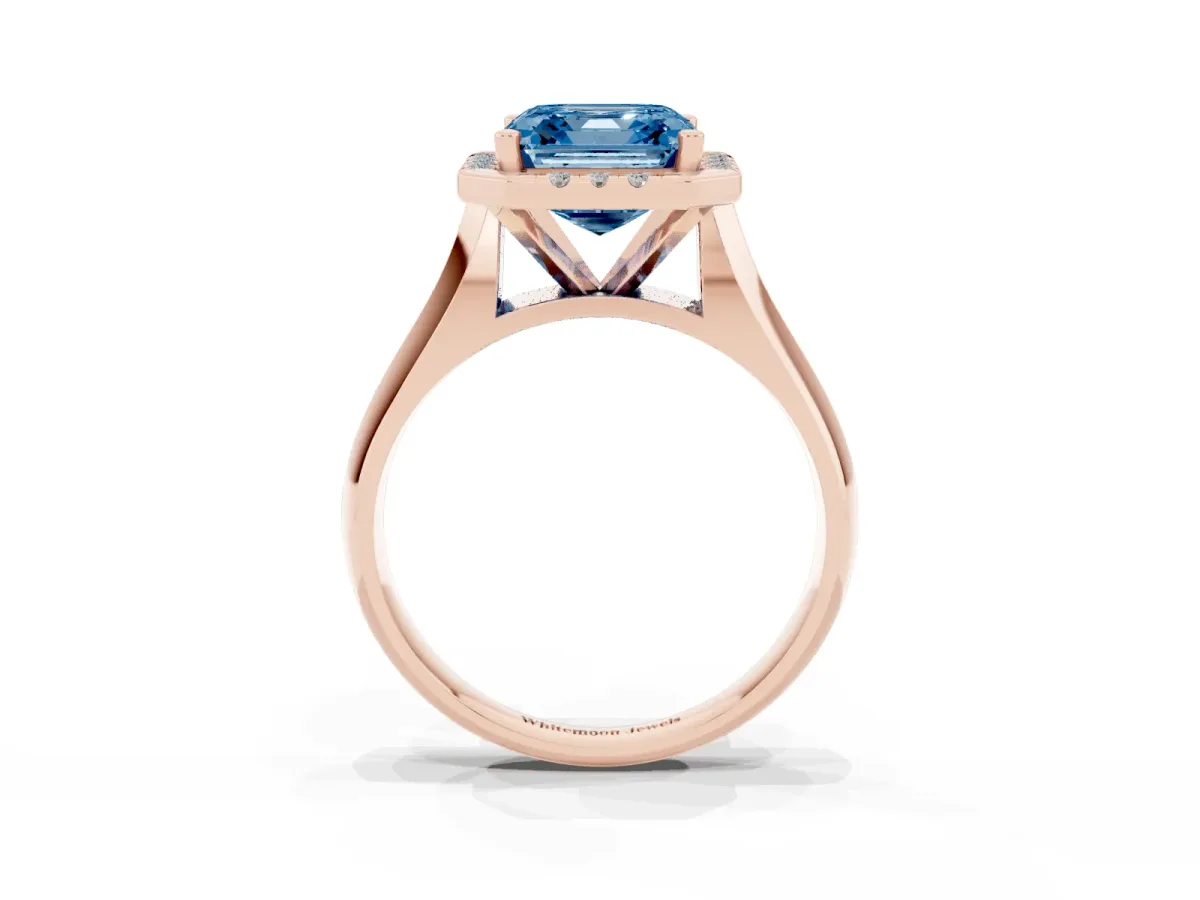 Fancy Blue Asscher Cut Cut Halo Solitaire Engagement Ring with Square Band and Four-Prong Setting Rose gold