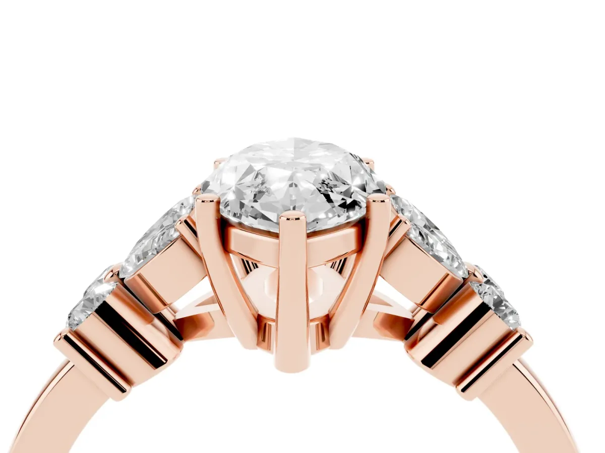 Marquise Cut Diamond Floral Cluster Ring with Solitaire Band and Prong Setting Rose gold