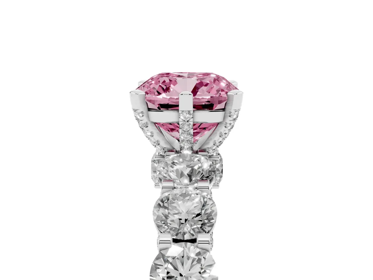 Fancy Pink Cushion Cut Diamond Side Stone Engagement Ring with Four-Prong Setting Platinum