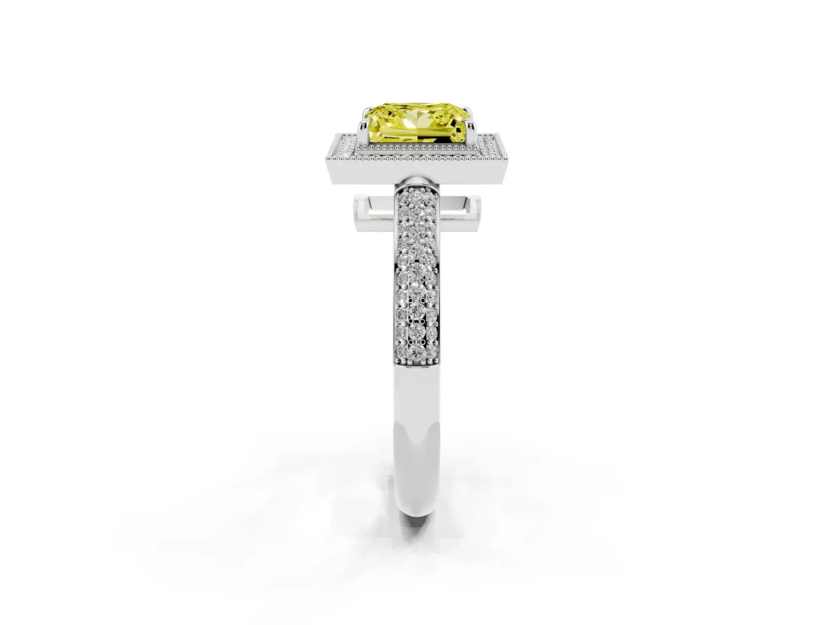 Fancy Yellow Princess Cut Cut Halo Diamond Pave Band with Four-Prong Setting Silver