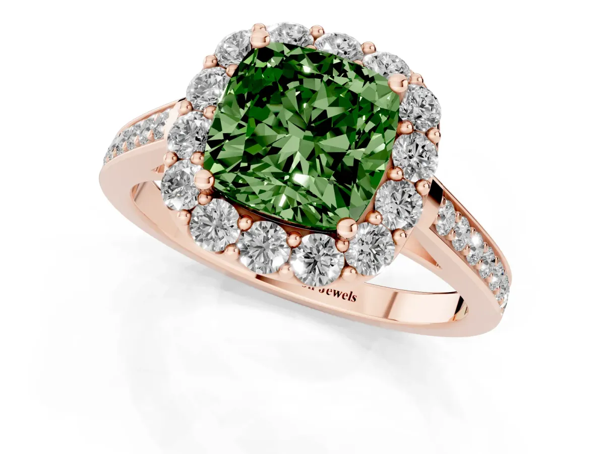 Fancy Green Cushion Cut Diamond Floral Halo Ring with Pavé Band and Prong Setting Rose gold