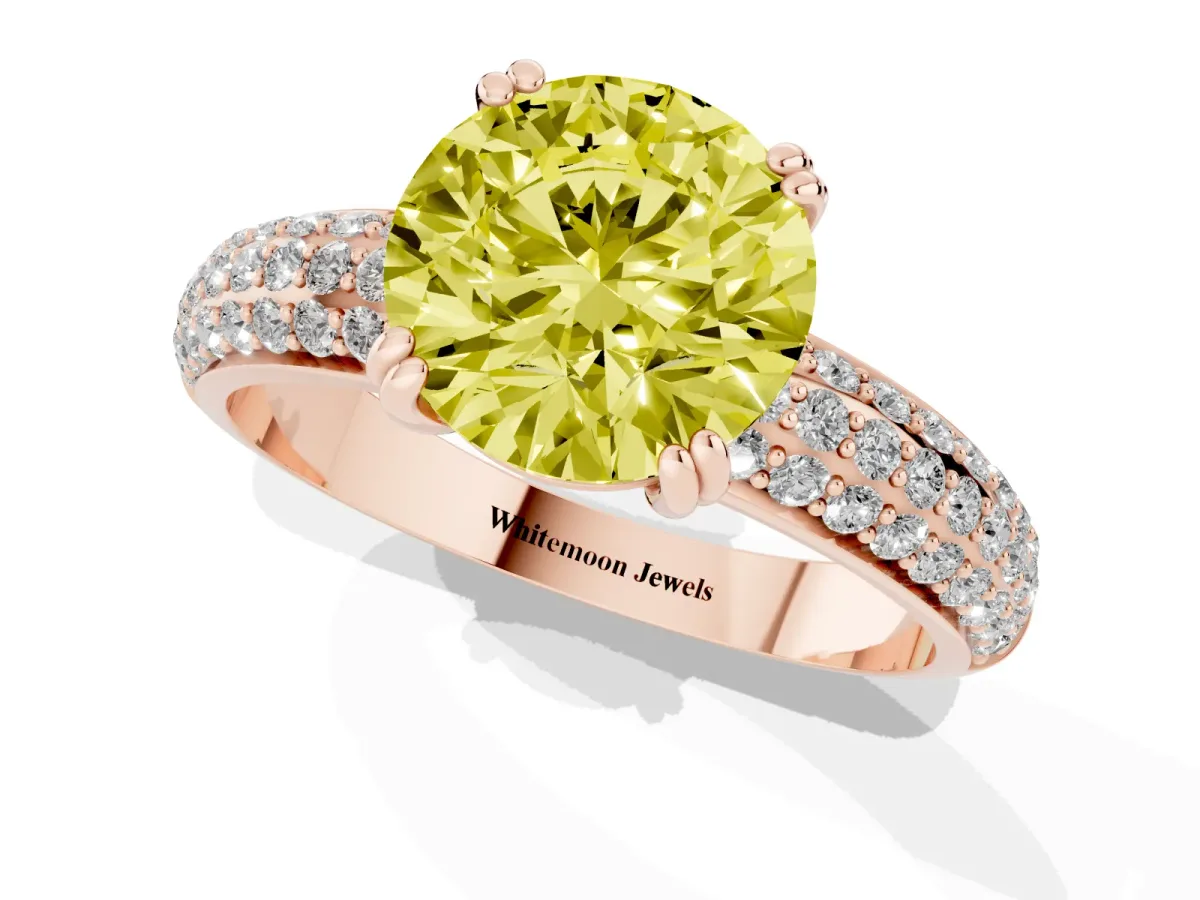 Fancy Yellow Round Cut Diamond Solitaire Ring with Multi-Row Round Pavé Band and Prong Setting Rose gold