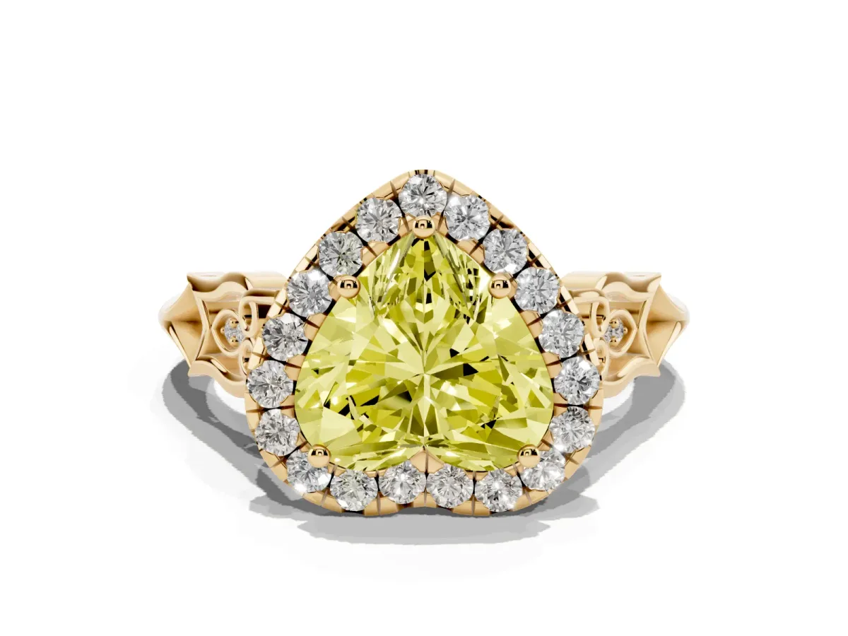 Fancy Yellow Heart Cut Halo Diamond Engagement Ring with Filigree Band and Four-Prong Setting Yellow gold
