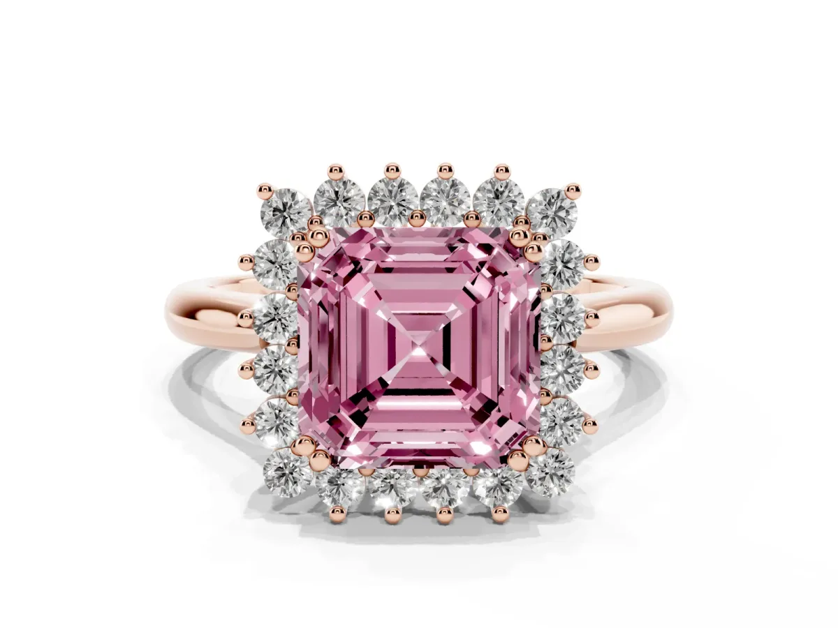 Fancy Pink Asscher Cut Cut Diamond Halo Ring with Solitaire Band and Prong Setting Rose gold