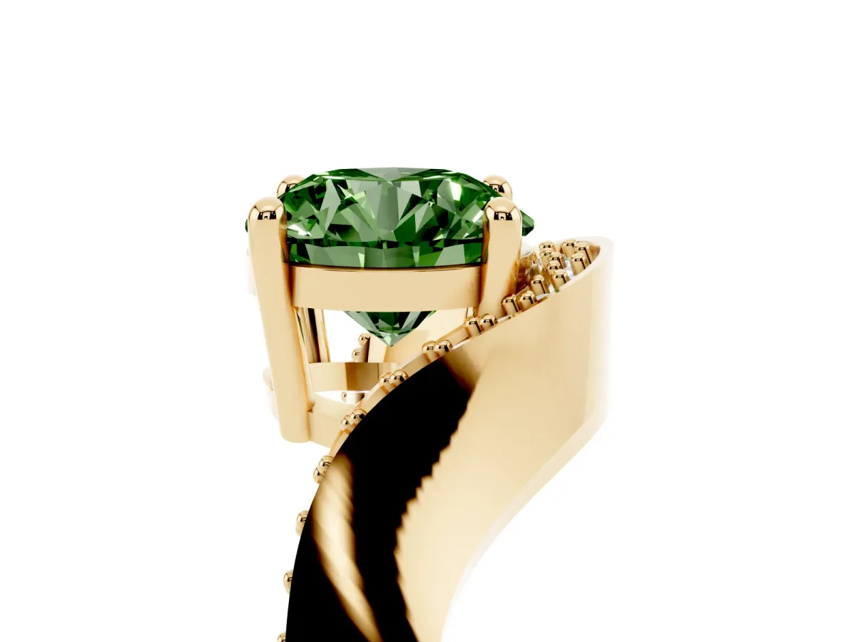 Fancy Green Round Cut Solitaire Diamond Engagement Ring with Pave Band and Four-Prong Setting Yellow gold