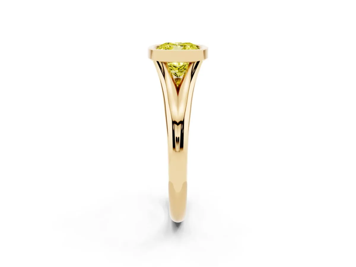 Fancy Yellow Bezel Set Cushion Cut Solitaire Diamond Ring with Smooth Band Yellow gold