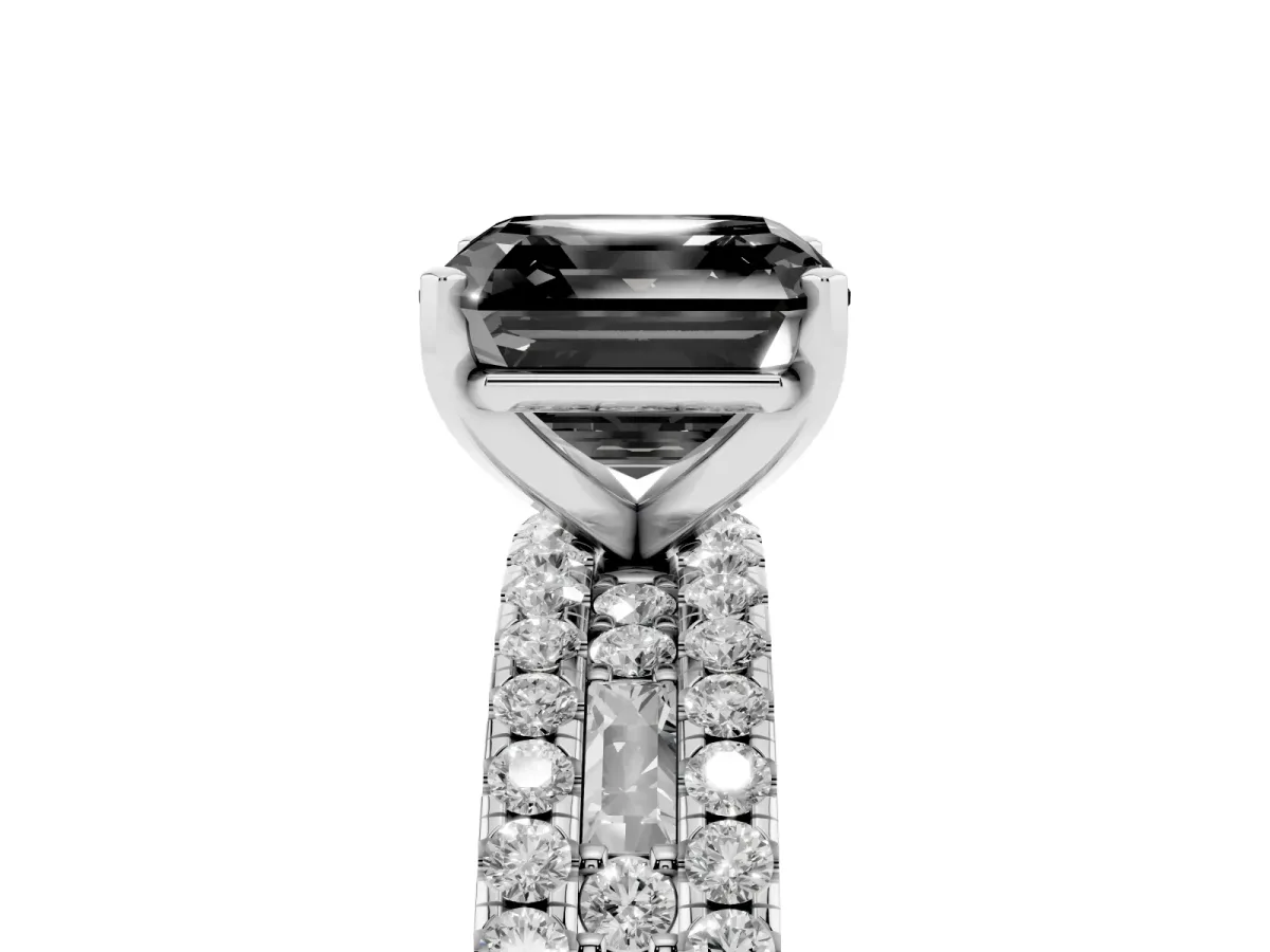 Fancy Black Asscher Cut Diamond Solitaire Ring with Pavé and Channel Set Band Silver