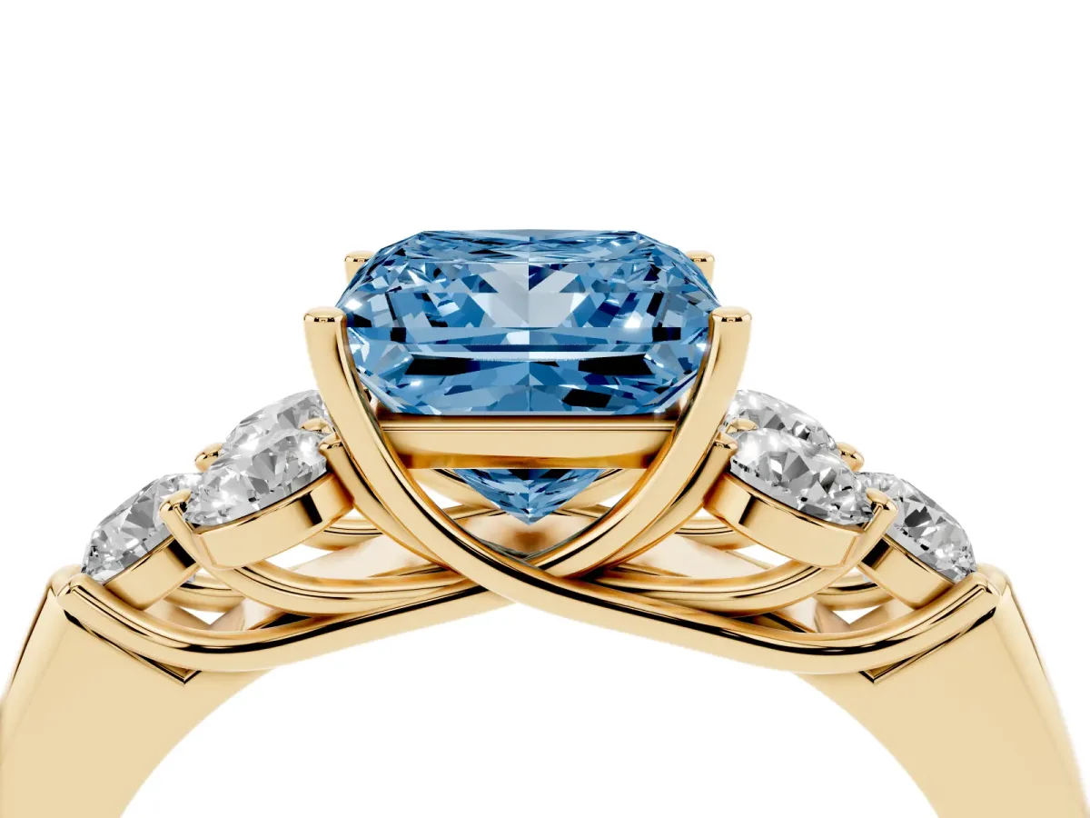 Fancy Blue Princess Cut Cut Diamond Cluster Ring with Round Accent Stones and Prong Setting on a Classic Band Yellow gold