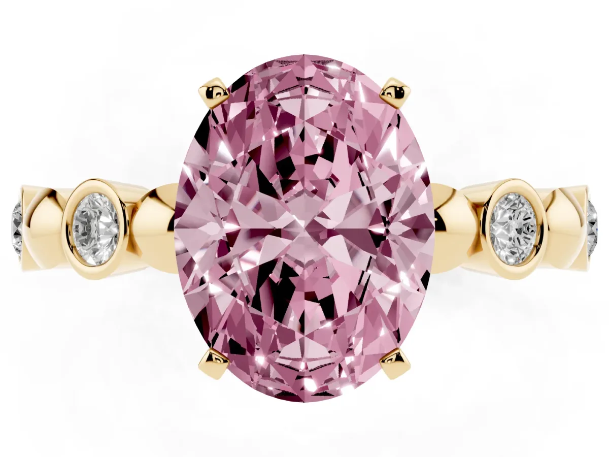 Fancy Pink Oval Cut Solitaire Bezel-Set Diamond Ring with Beaded Band and Four-Prong Setting Yellow gold