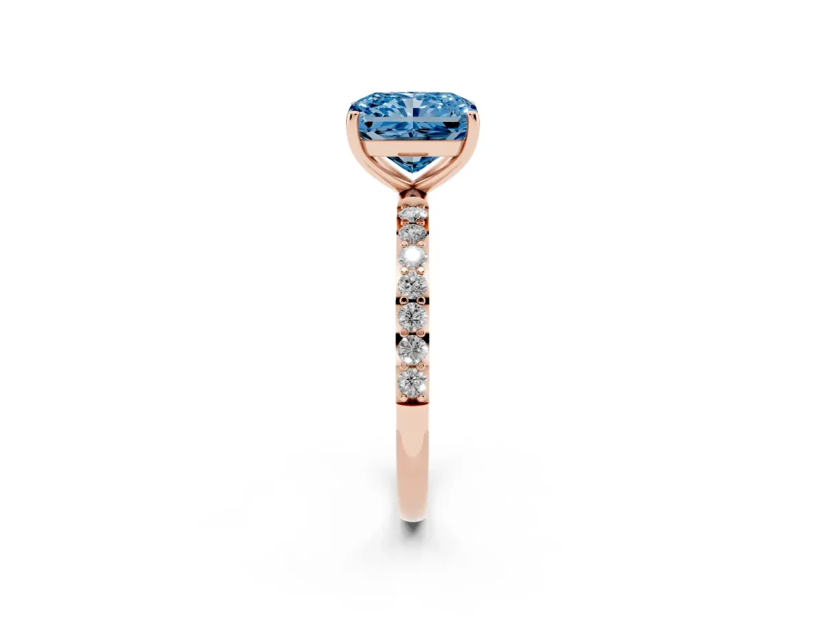 Fancy Blue Radiant Cut Diamond Solitaire Ring with Round Pavé Shoulders and Prong Setting Rose gold
