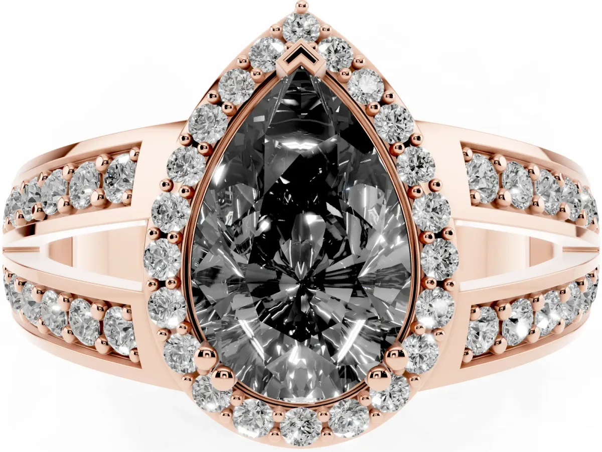 Fancy Black Pear Cut Diamond Halo Ring with Split Shank Pavé Band and Four-Prong Setting Rose gold