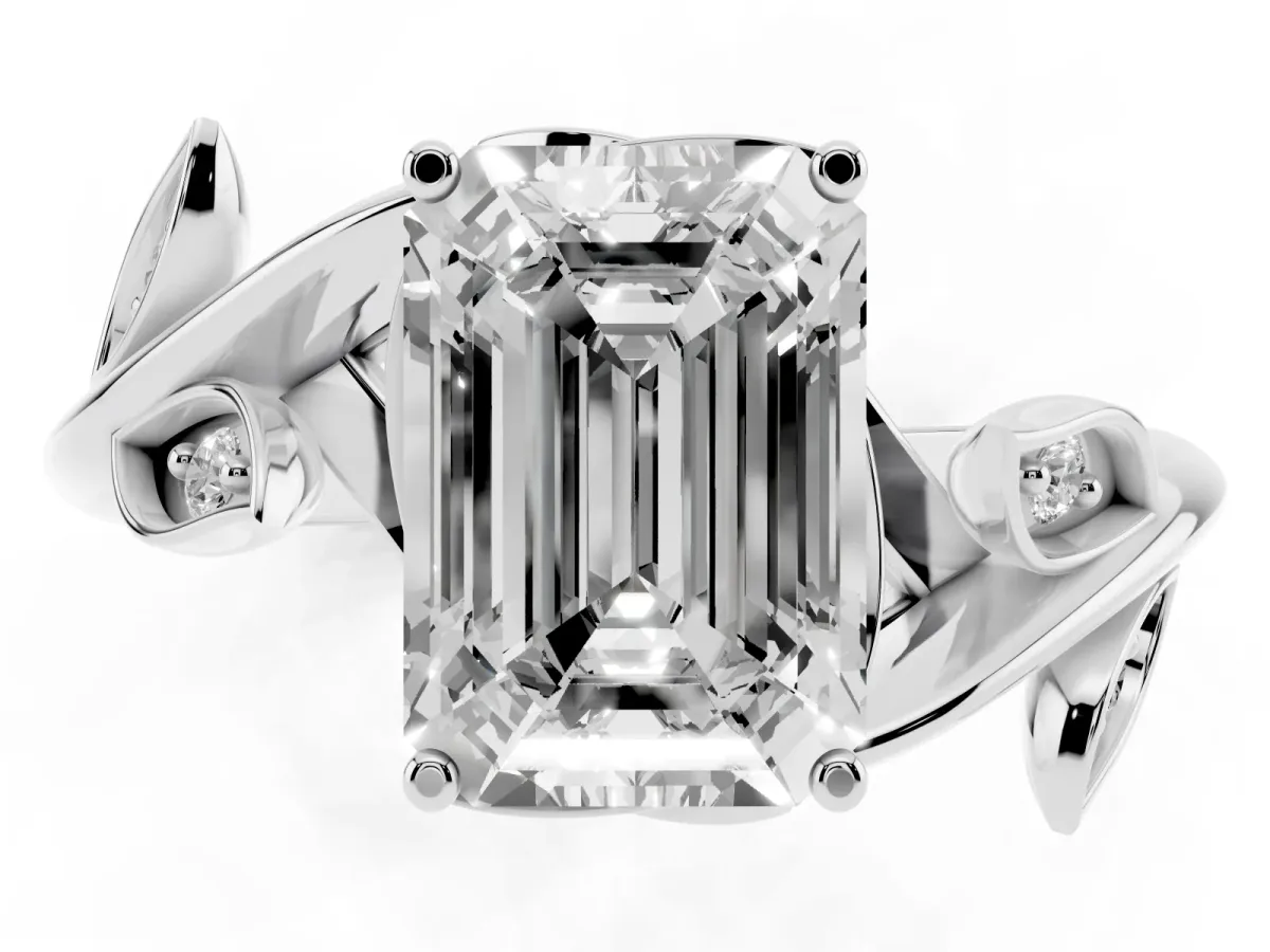 Emerald Cut Solitaire Twist Engagement Ring with Leaf Accents and Prong Setting Silver