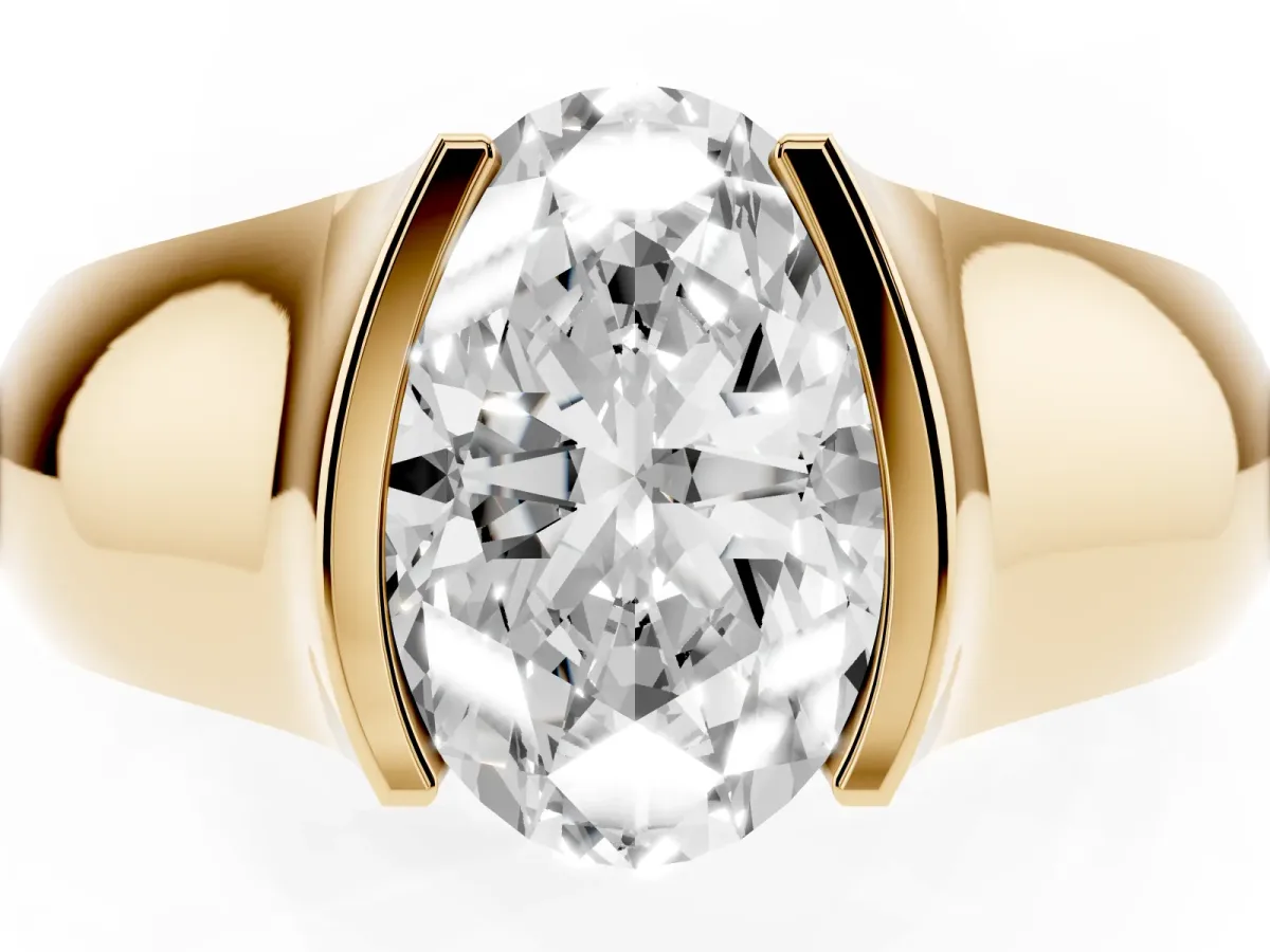 Oval Cut Solitaire Bezel Set Diamond Ring with Wide Band Yellow gold