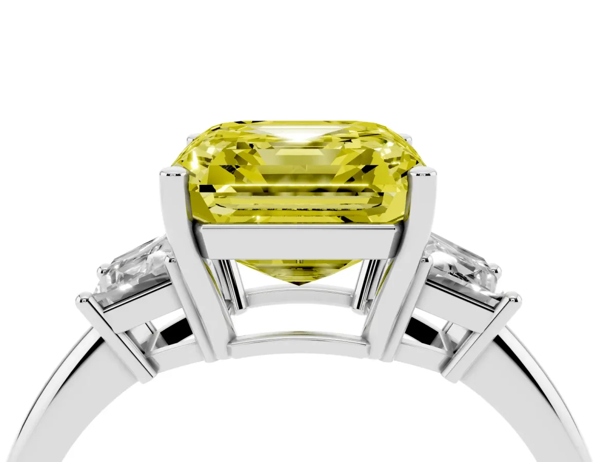 Fancy Yellow Asscher Cut Diamond Three-Stone Ring with Trapezoid Side Stones and Prong Setting Platinum