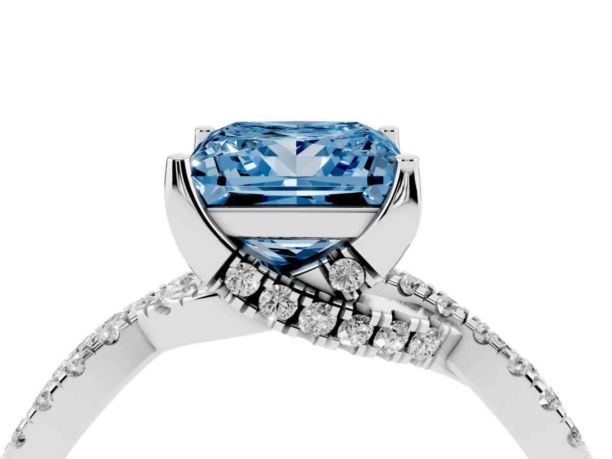 Fancy Blue Princess Cut Solitaire Twist Pave Diamond Engagement Ring with Prong Setting Silver