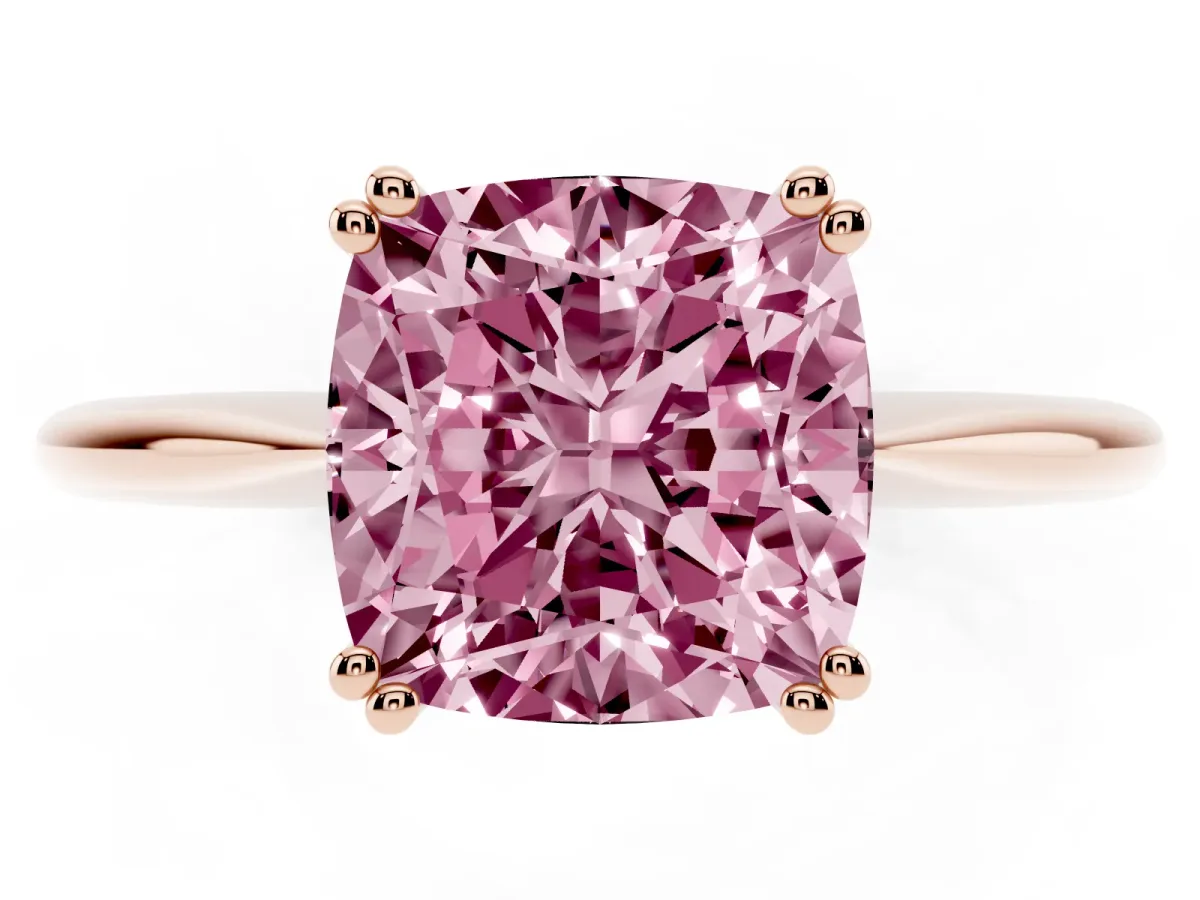Fancy Pink Cushion Cut Solitaire Diamond Ring with Six-Prong Setting and Classic Band Rose gold