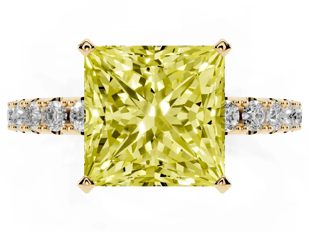 Fancy Yellow Princess Cut Diamond Solitaire Pavé Band with Four-Prong Setting Yellow gold