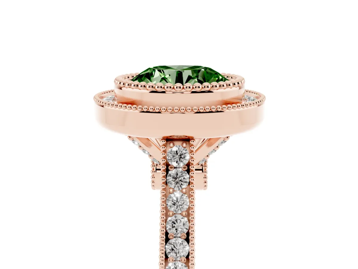 Fancy Green Round Cut Diamond Halo Ring with Milgrain Frame and Pavé Band Rose gold