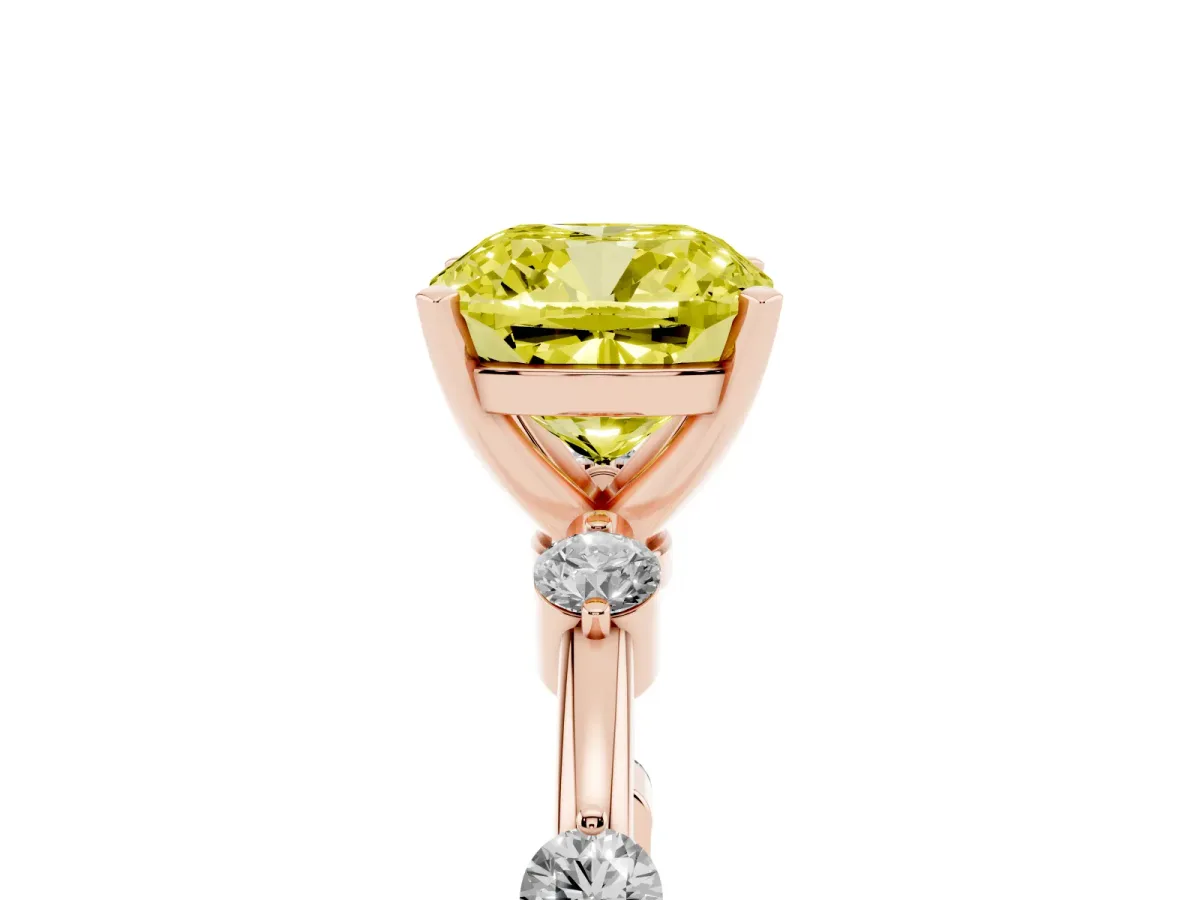 Fancy Yellow Cushion Cut Solitaire Diamond Ring with Bezel Set Side Stones and Prong Setting Rose gold
