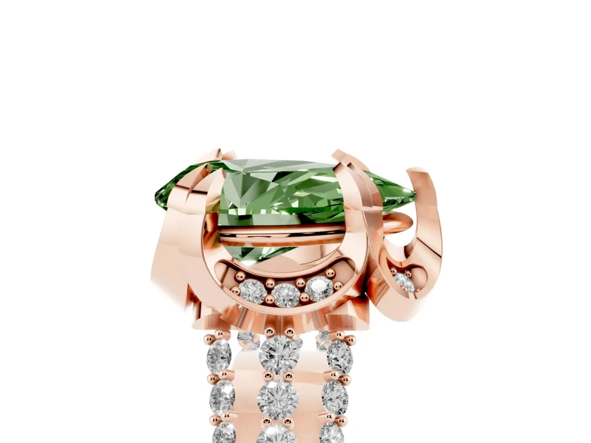 Fancy Green Pear Cut Solitaire Pave Split Shank Ring with Four-Prong Setting Rose gold