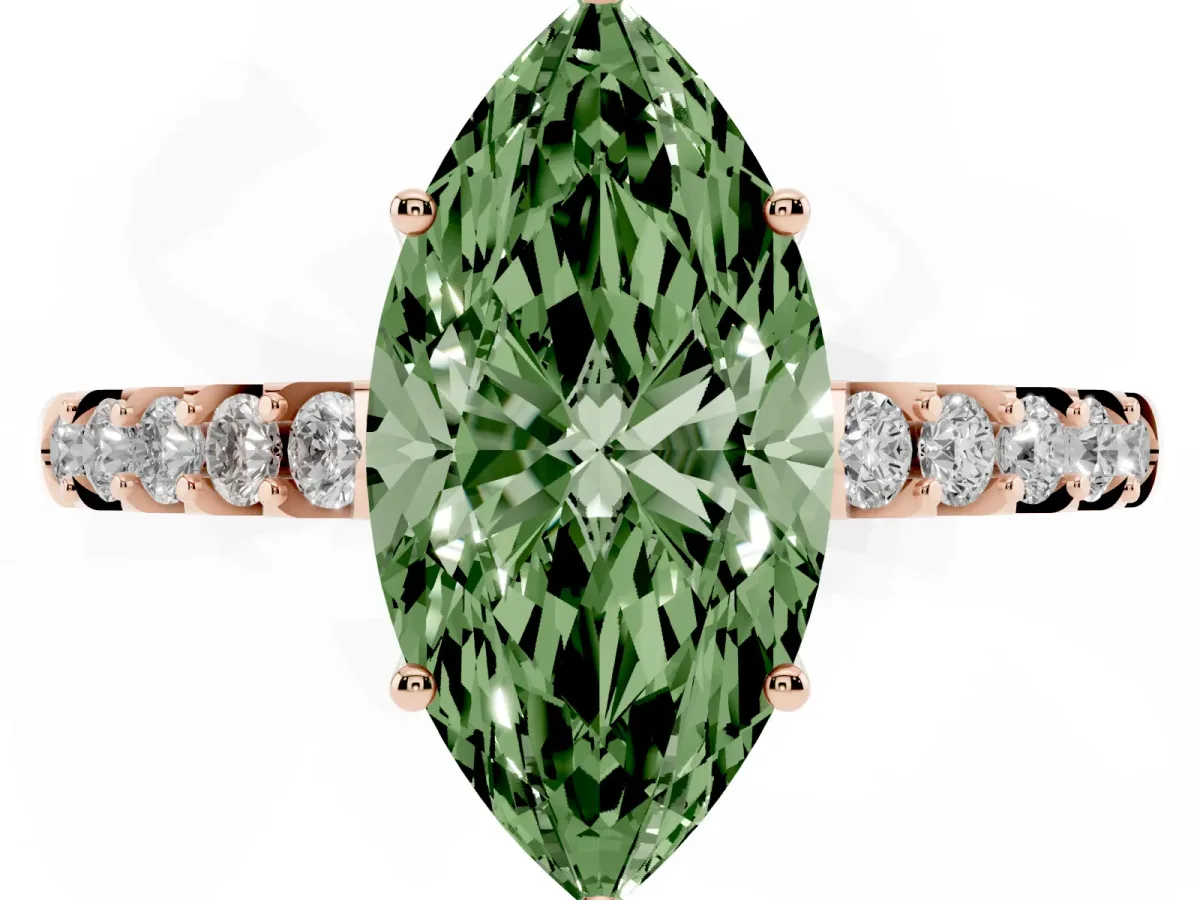 Fancy Green Marquise Cut Solitaire Diamond Engagement Ring with Pavé Band and Six-Prong Setting Rose gold