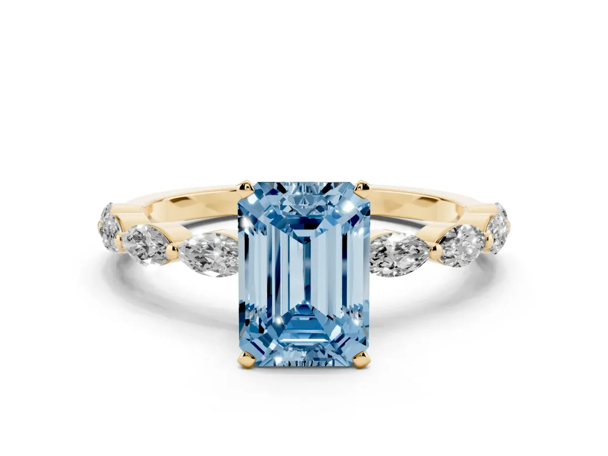 Fancy Blue Emerald Cut Diamond Ring with Marquise Side Stones and Prong Setting Yellow gold