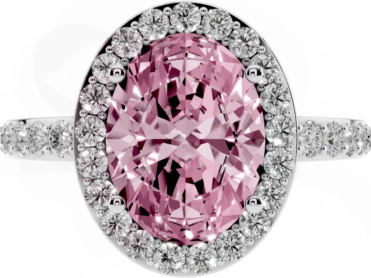 Fancy Pink Oval Cut Halo Diamond Pavé Band Ring with Prong Setting Silver