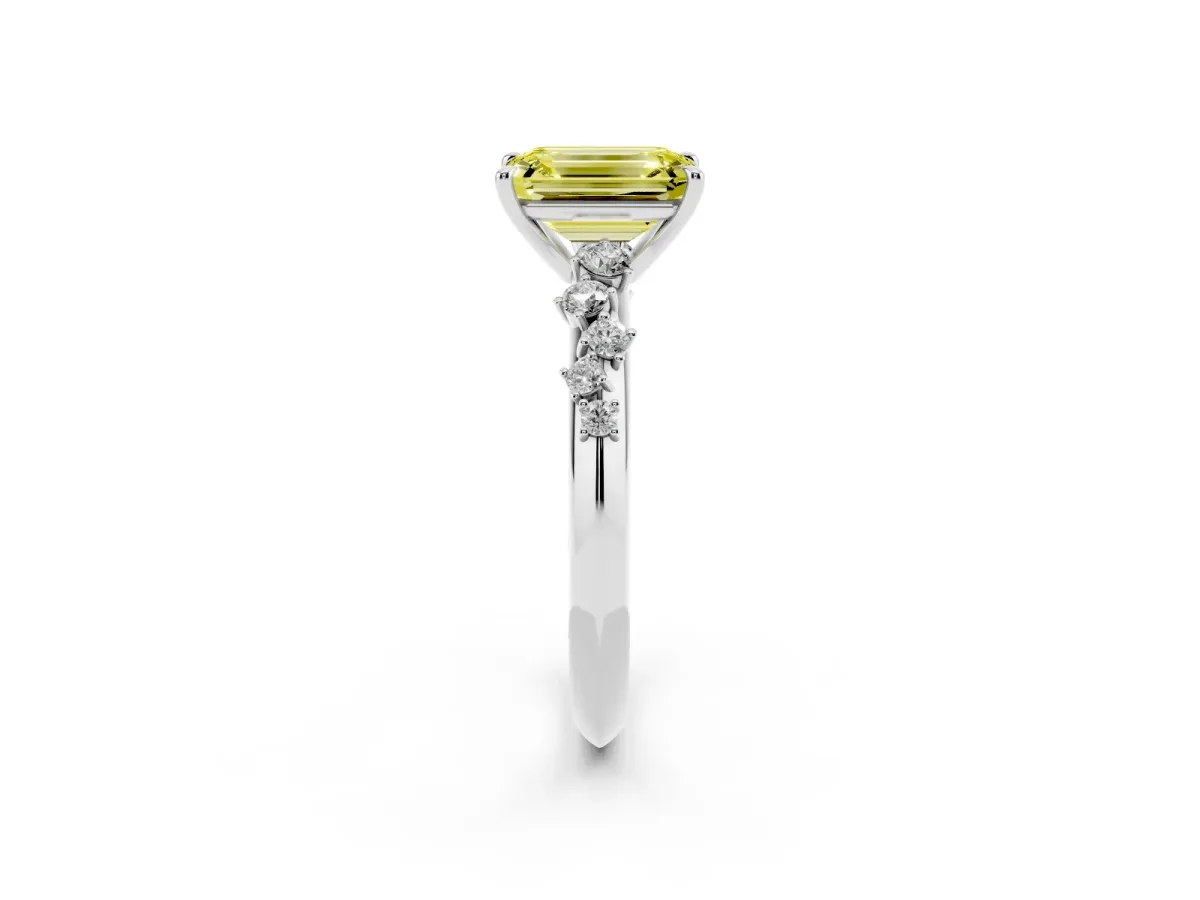 Fancy Yellow Emerald Cut Diamond Cluster Side Stone Solitaire Ring with Prong Setting Silver